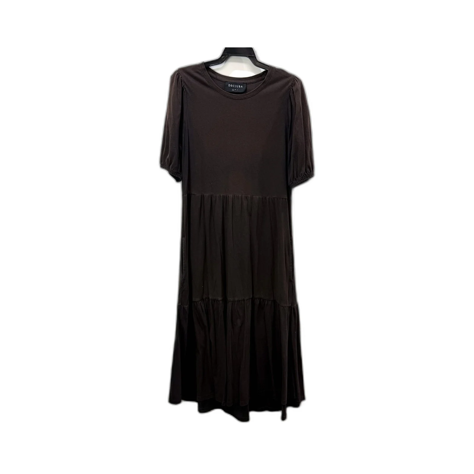 Decjuba Womens Tiered Midi Dress Relaxed Fit Puff Sleeve Dark Brown Size S