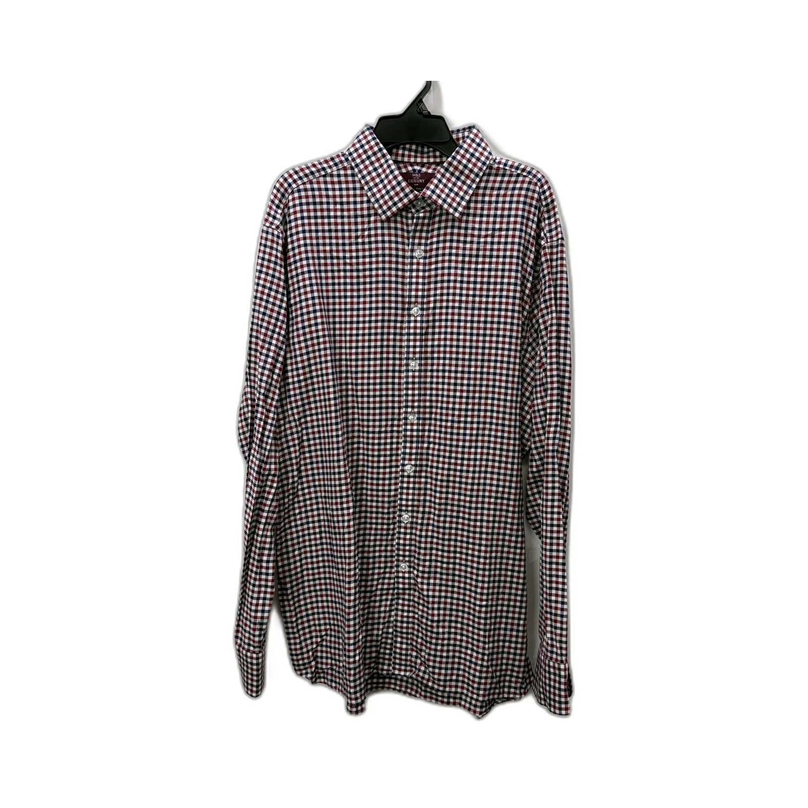 M&S Mens Plaid Button-Down Shirt Burgundy and Navy Cotton Casual Size L