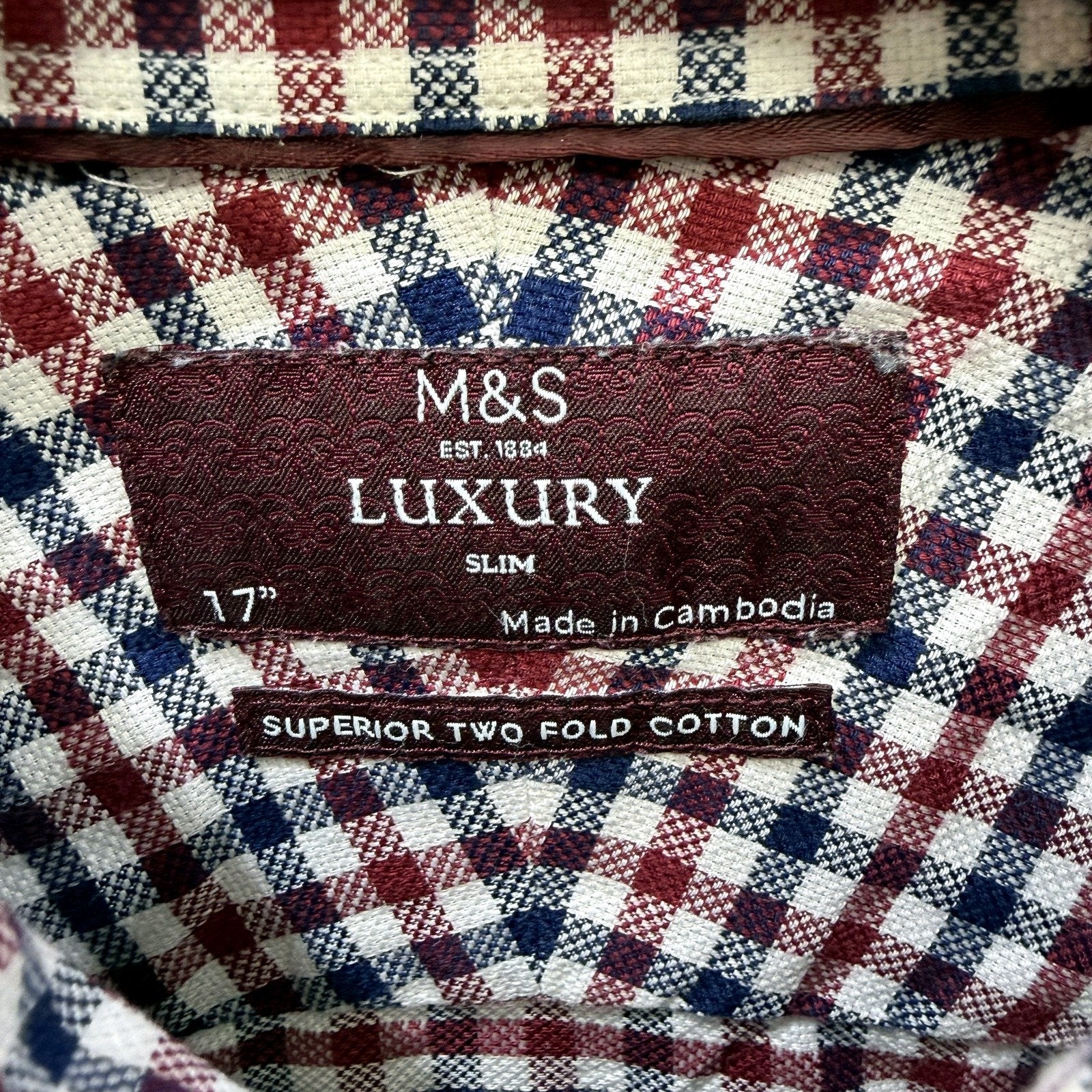 M&S Mens Plaid Button-Down Shirt Burgundy and Navy Cotton Casual Size L - Image 5