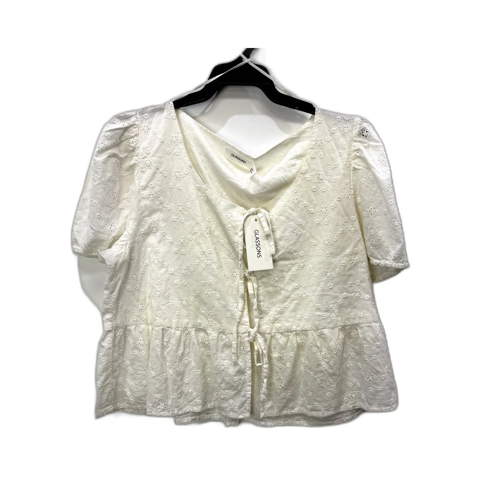 Glassons Womens Floral Puff Sleeve Eyelet Cotton Blouse in White, Size 10 NEW
