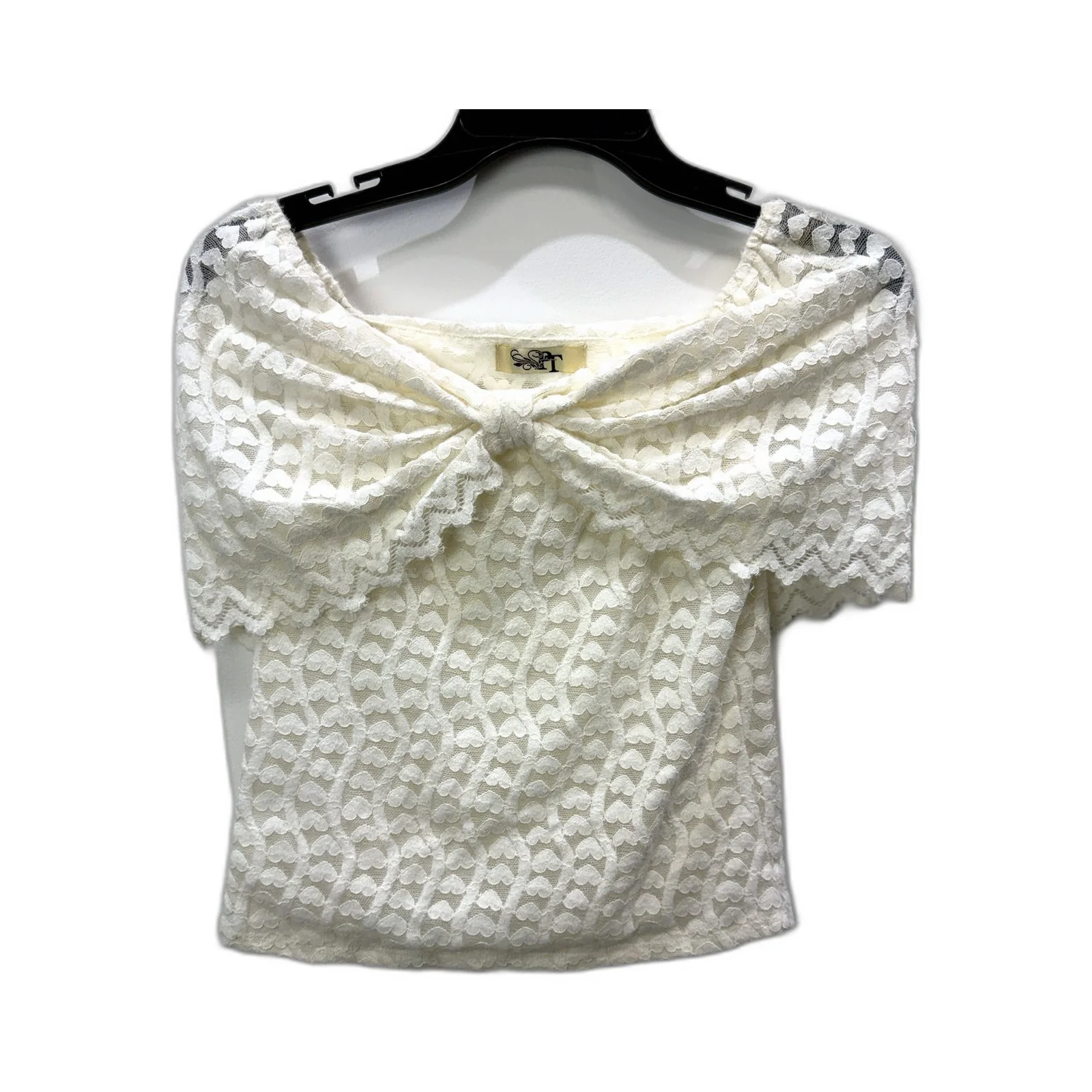 PT Womens Lace Vintage Blouse with Scalloped Neckline and Short Sleeves Ivory