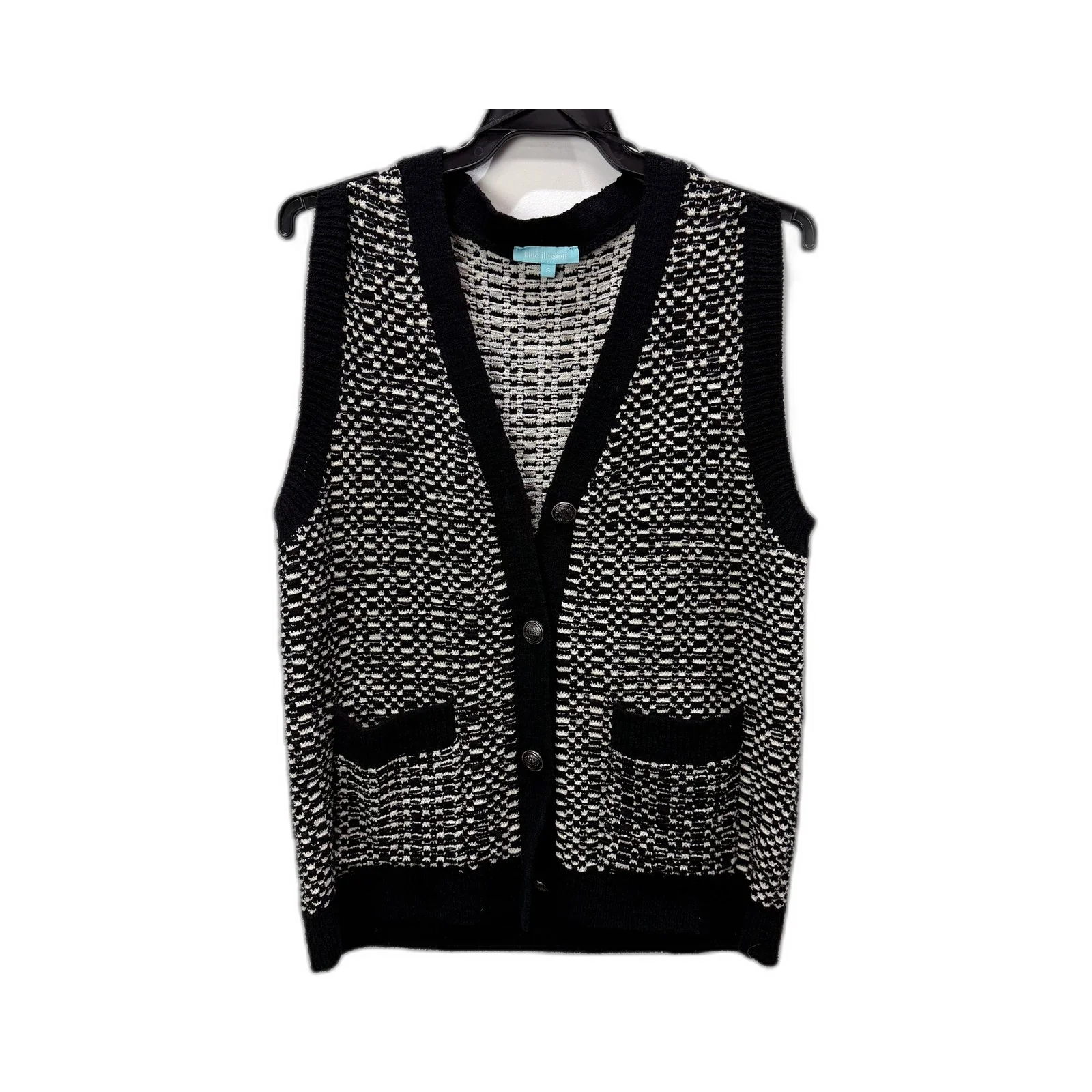 Blue Illusion Womens Knit Vest Patterned Button Front Black and White Size S