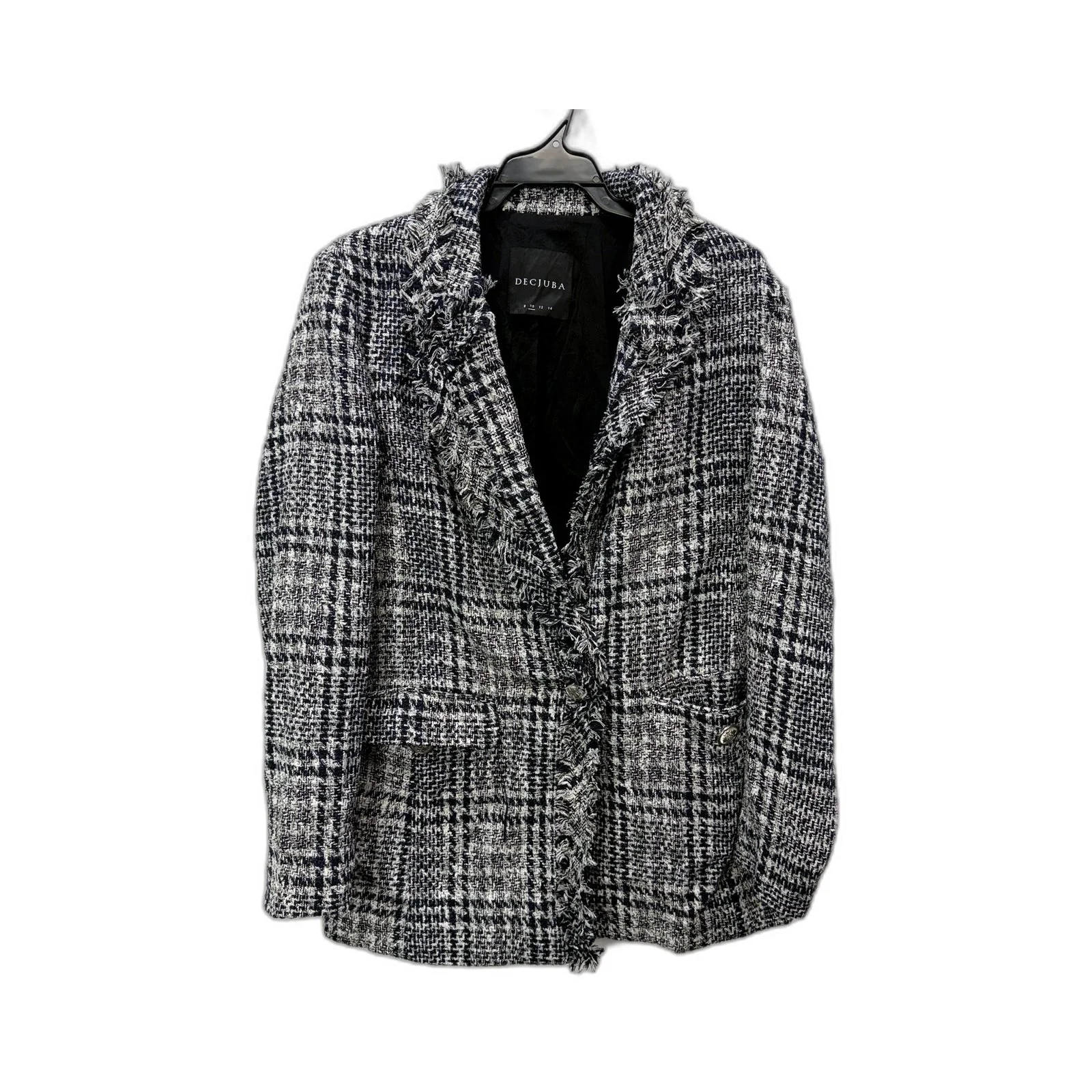Decjuba Womens Tweed Blazer Jacket Textured Frayed Black and White Size 10