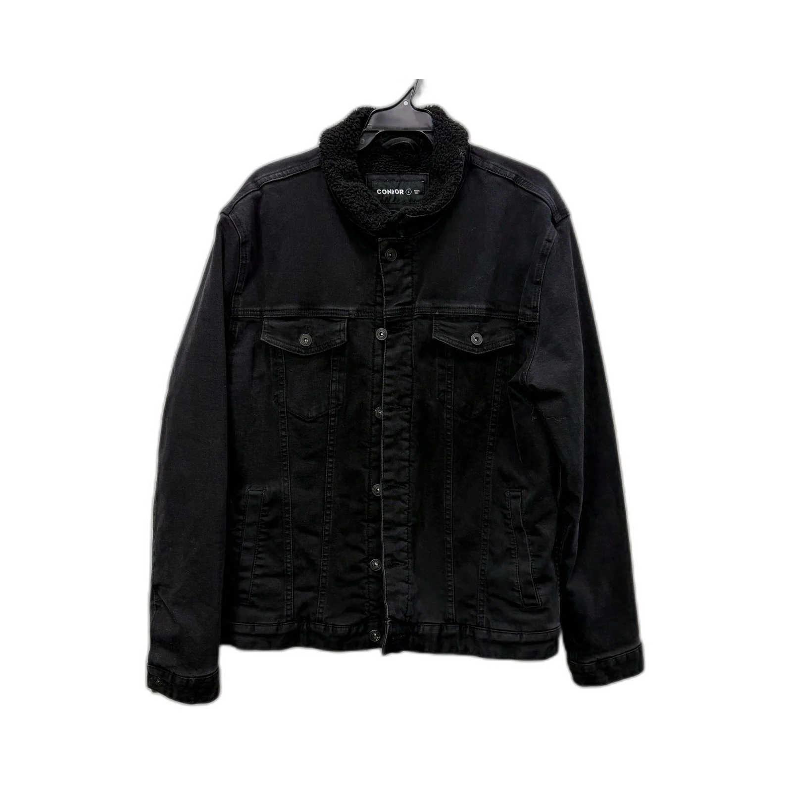 Connor Mens Denim Jacket with Faux Fur Collar in Black, Size L