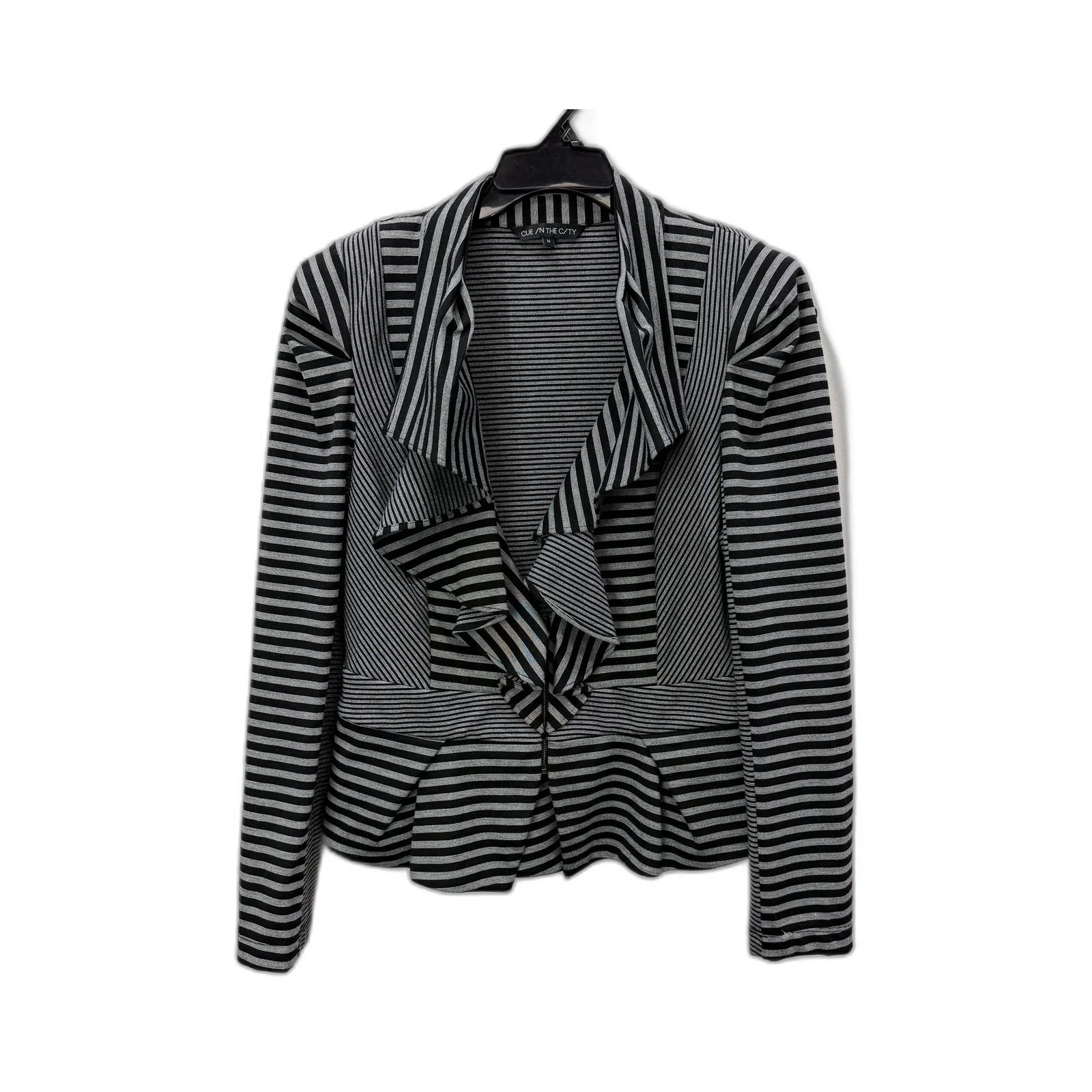 Cue in the City Womens Striped Jacket Padded Shoulder Black Gray Size 14