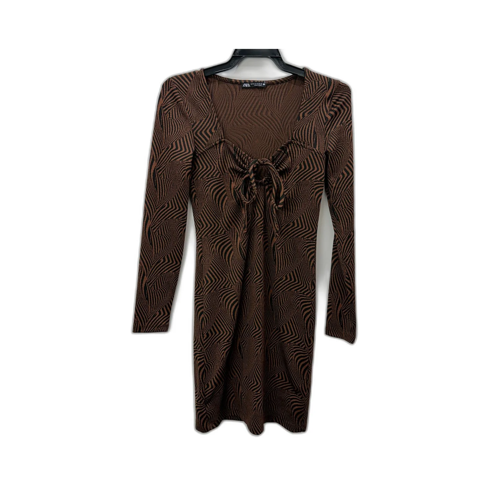 Zara Womens Bodycon Dress Long Sleeve Patterned Brown and Black Size M