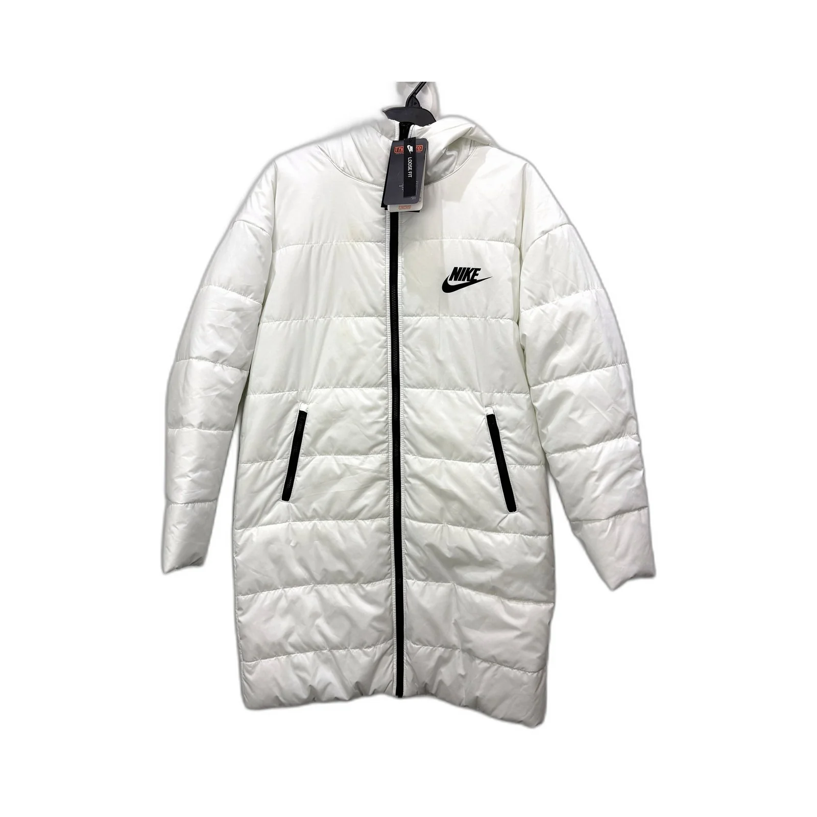 Nike Womens Long Puffer Jacket Lightweight Winter Coat White/Black Sz XS NEW