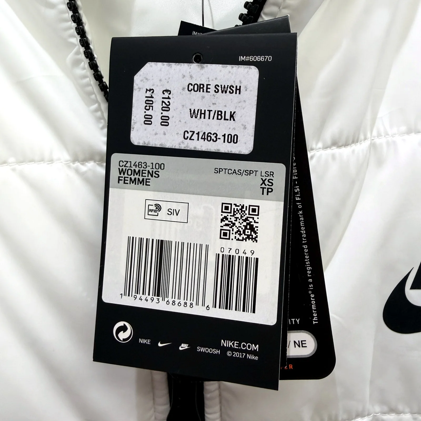 Nike Womens Long Puffer Jacket Lightweight Winter Coat White/Black Sz XS NEW - Image 9