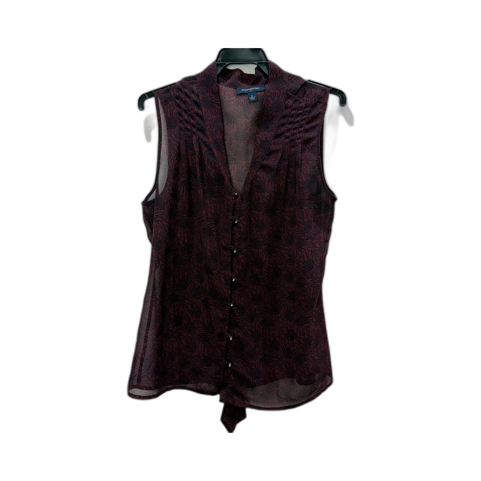 Banana Republic Womens Sleeveless Floral Print Button Down Blouse Burgundy/Navy