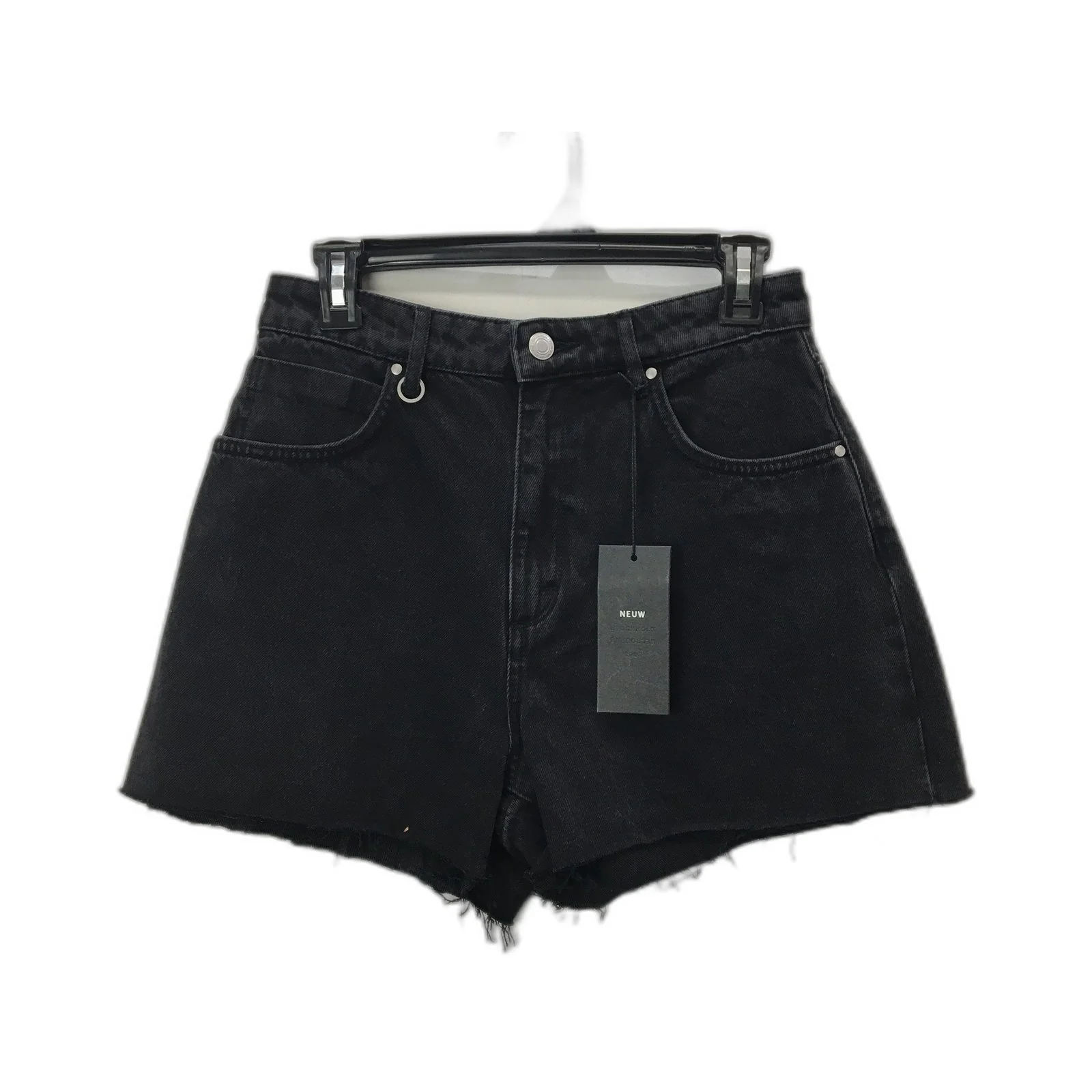 Neuw Ryder High Rise Relaxed Fit Denim Shorts Black Distressed Hem Size 28 NEW