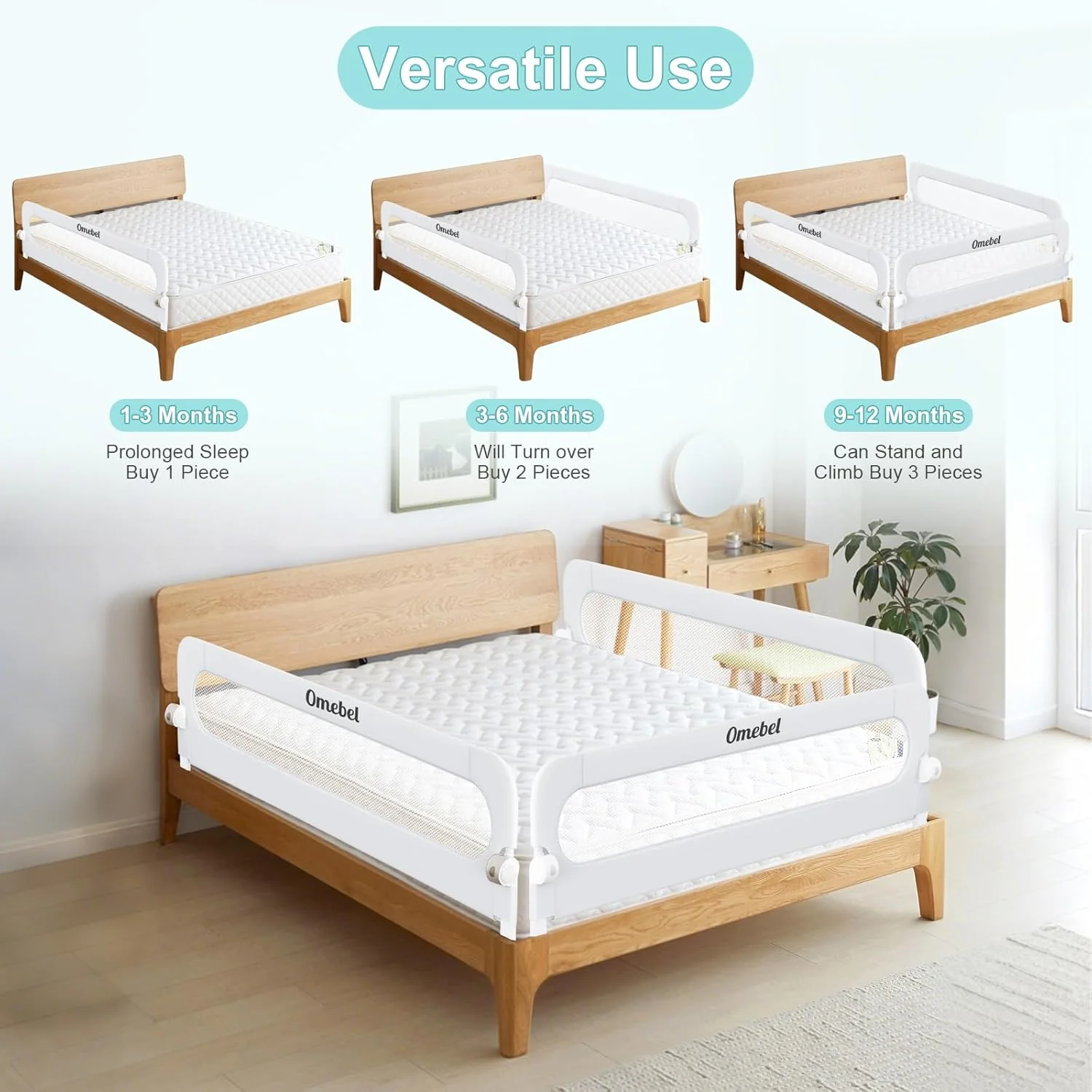 Omebel Toddler Bed Rail Guardrail for Baby Kids Safety Barrier, White DEMO - Image 6