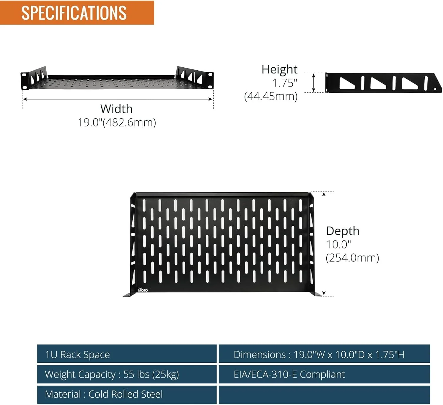 Tecmojo 1U Server Rack Shelf, Universal Vented Mount, 250mm Deep, Black NEW - Image 2