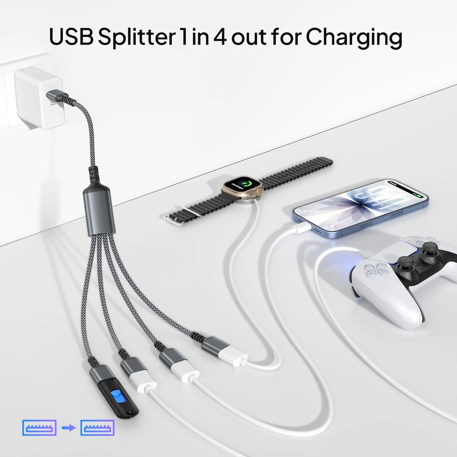Elebase USB Splitter Y Cable Charger for PS5 Pro/Slim USBA Extension Grey NEW - Image 2