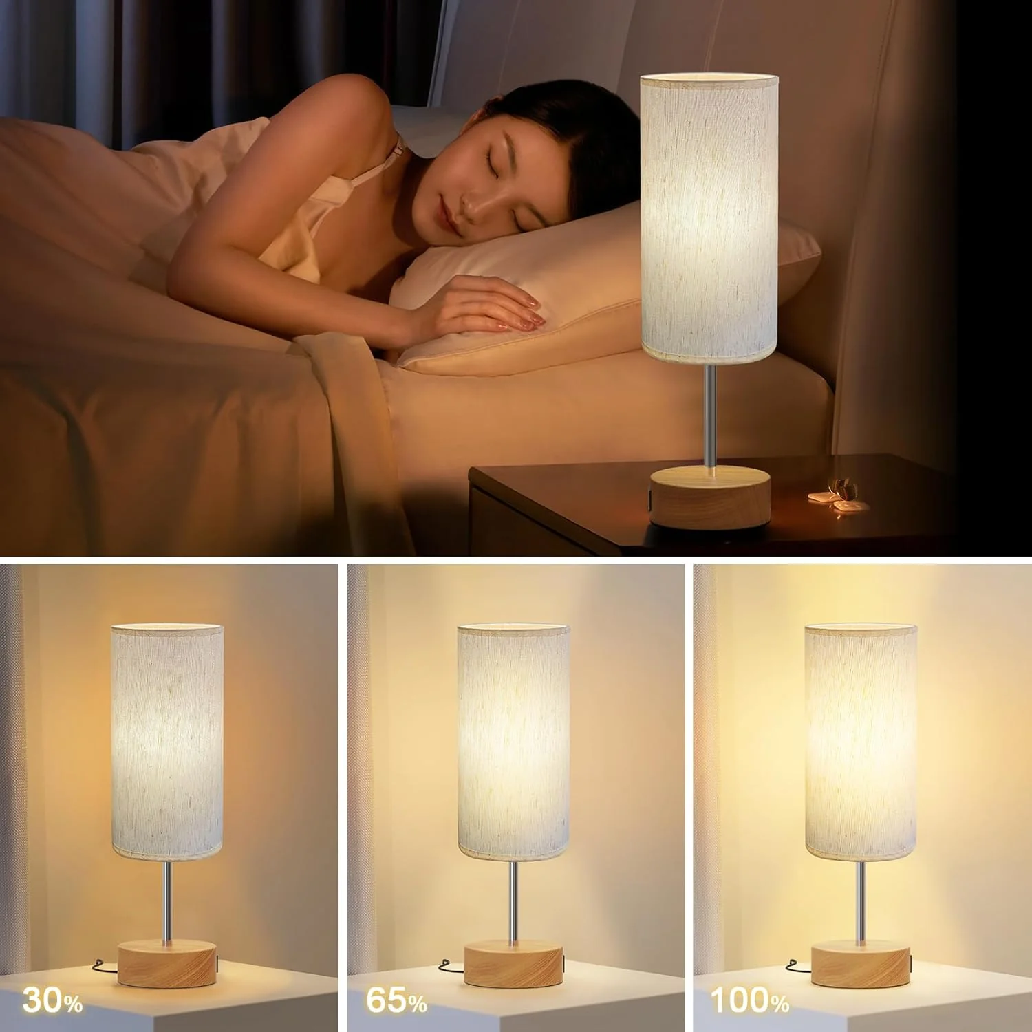 KPQ Touch Control Table Lamp 3-Way Dimmable USB A+C Charging Ports Beige NEW - Image 2