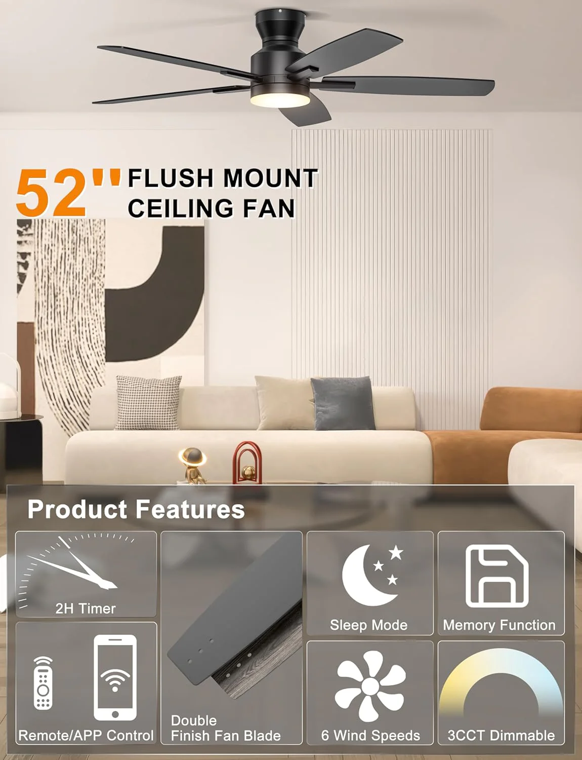 Ohniyou 52 Inch Low Profile Ceiling Fan with Light and Remote Control, DEMO - Image 3