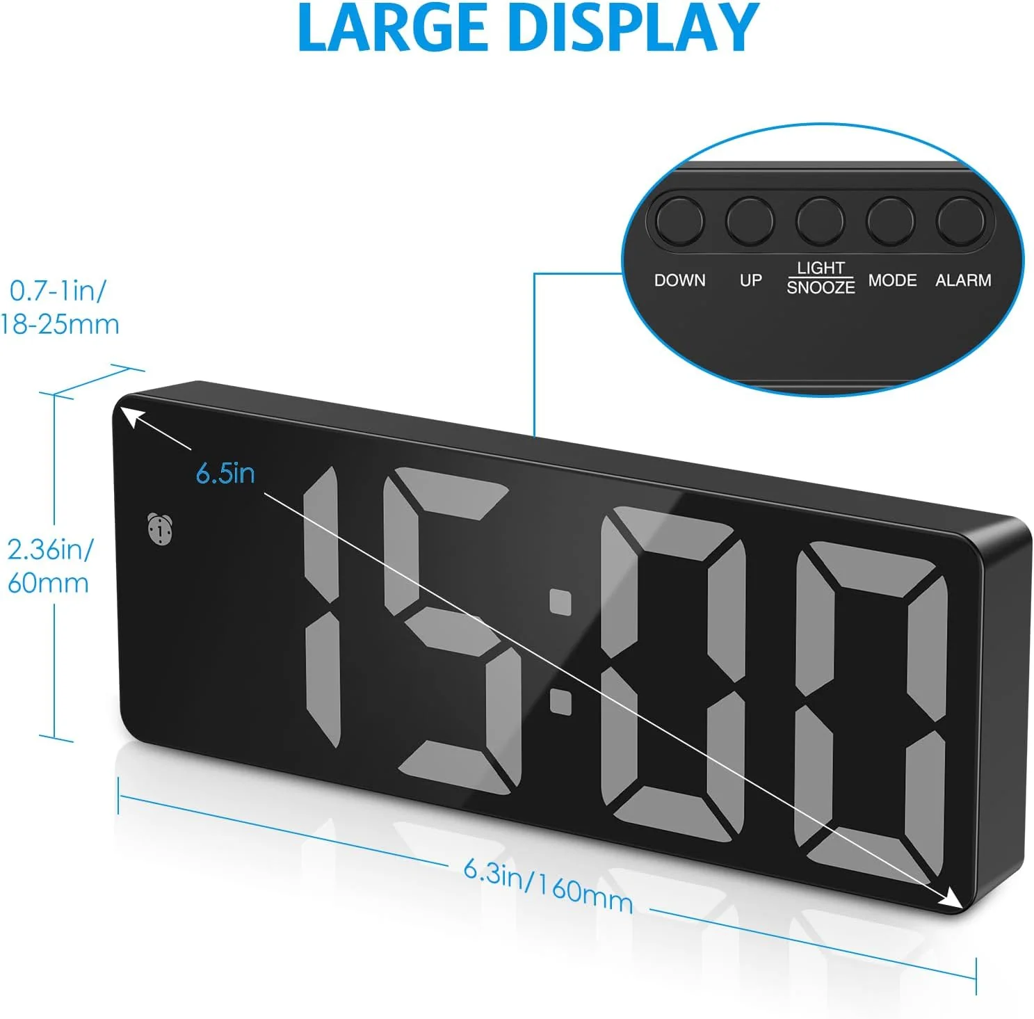 AMIR Digital Alarm Clock LED Electronic Bedside Full Black 1.78 cm x 16 DEMO - Image 2