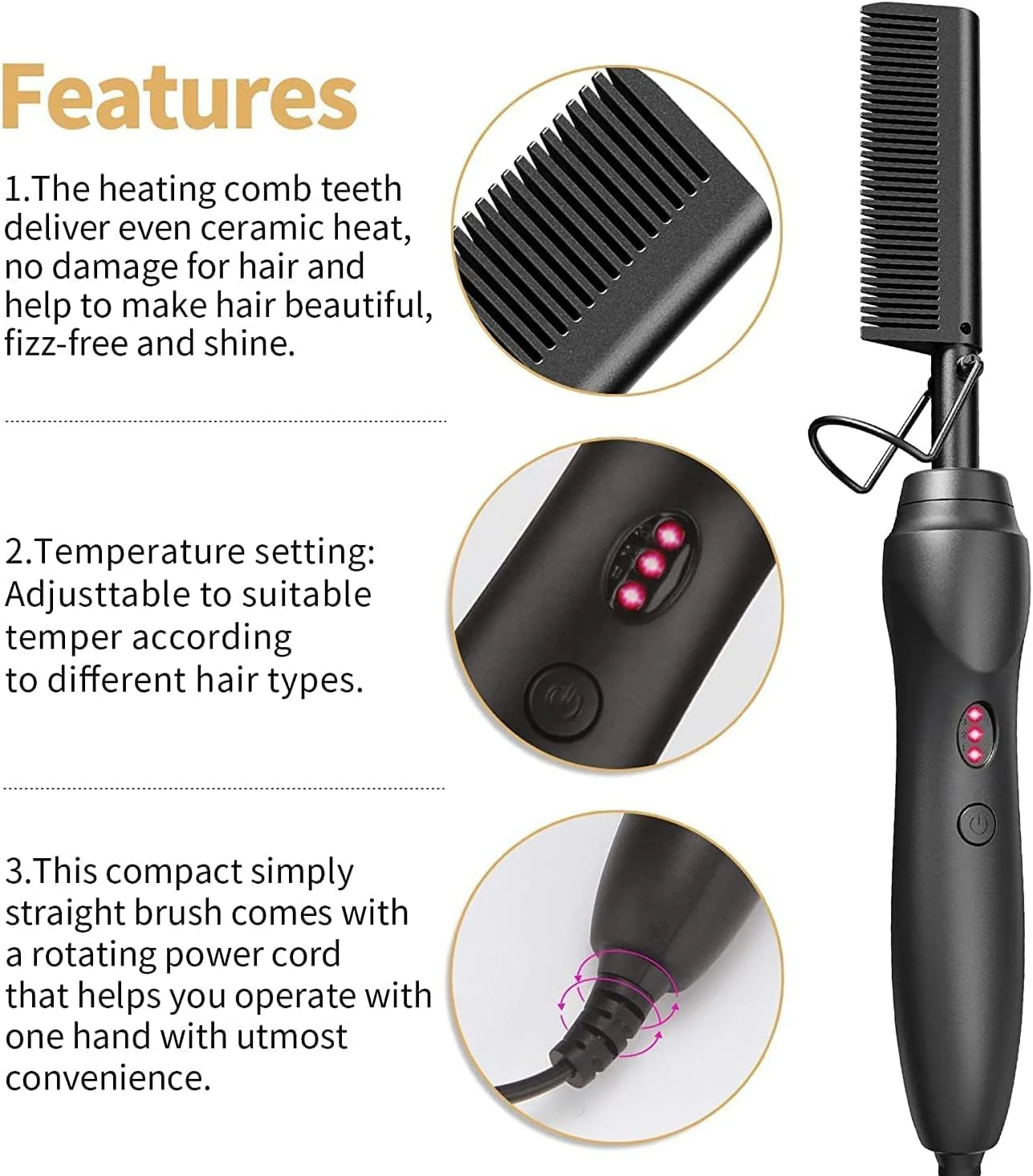 AliLeader Hair Straightener Black Hot Comb Heat Pressing Portable One Size NEW - Image 3