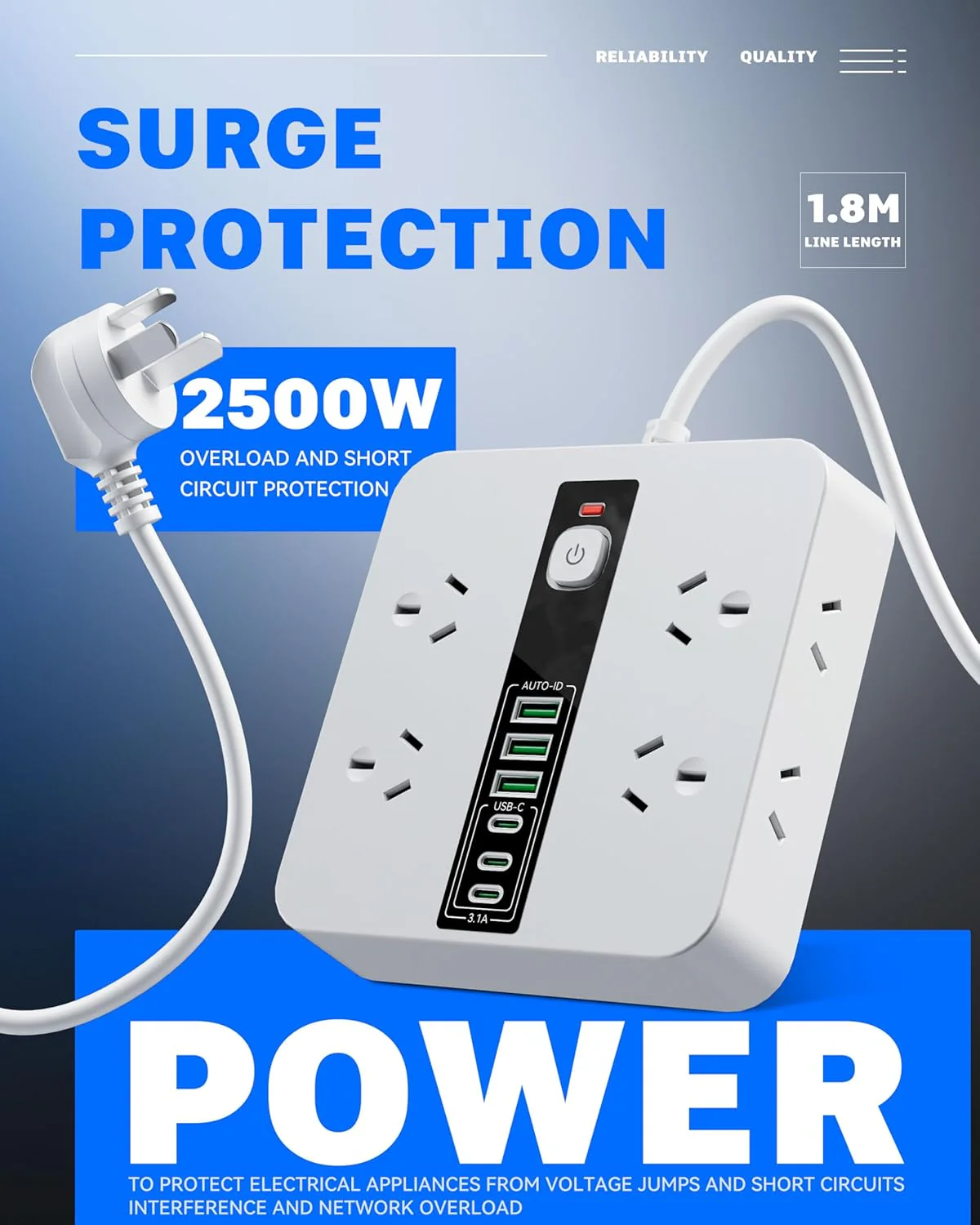 Rigurgito 8-Outlet Power Strip with 6 USB Ports, Surge Protected, White NEW - Image 3