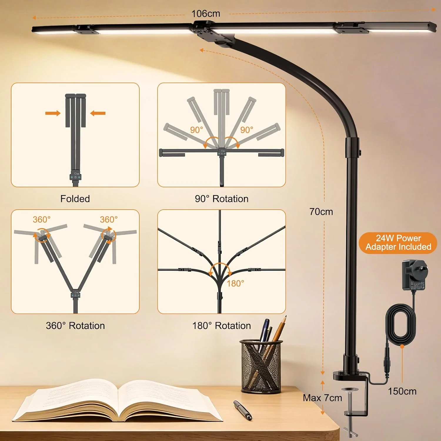 Rimposky Adjustable 24W LED Desk Lamp, Bright Aluminium Metal Black DEMO - Image 5