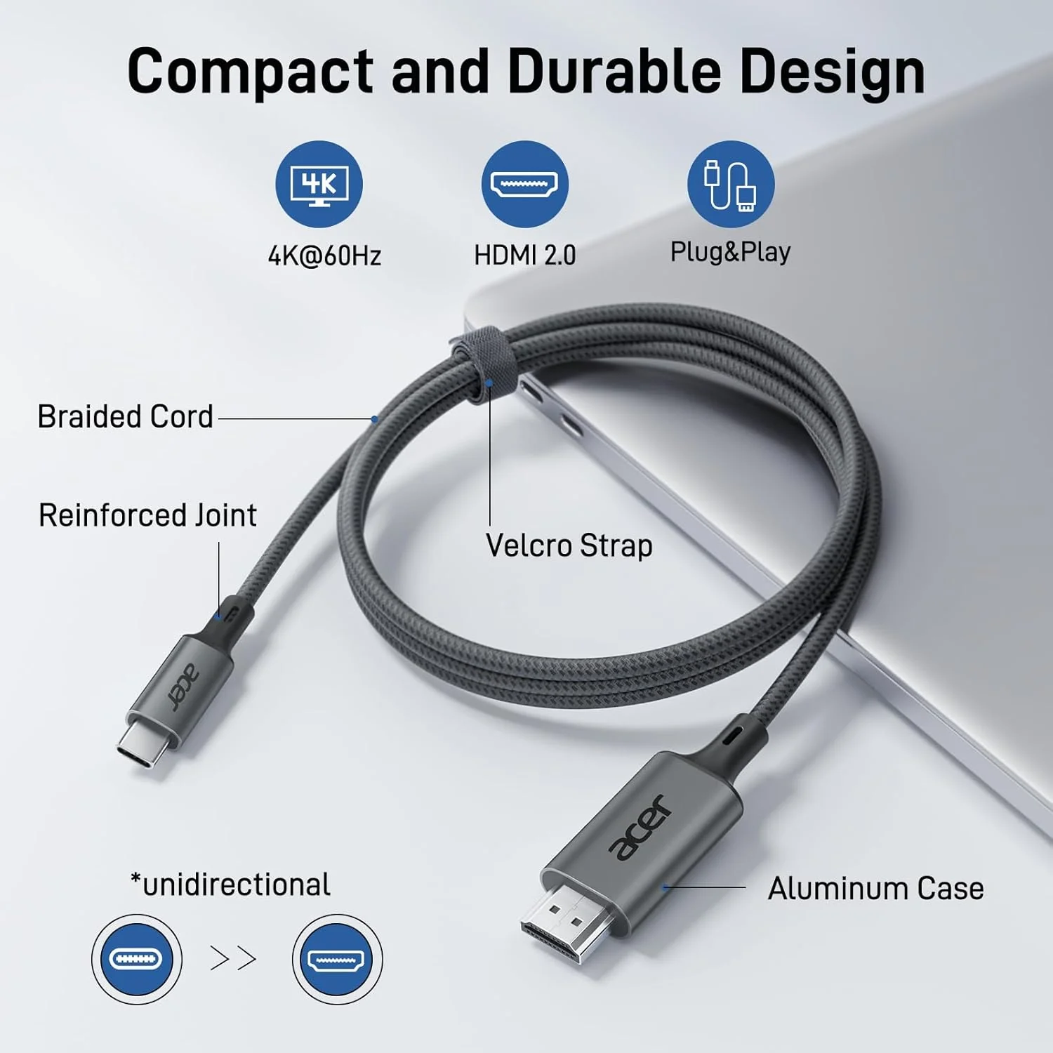 Acer USB-C to HDMI Cable 4K@60Hz Thunderbolt 3 Compatible Type-C Cord for DEMO - Image 5