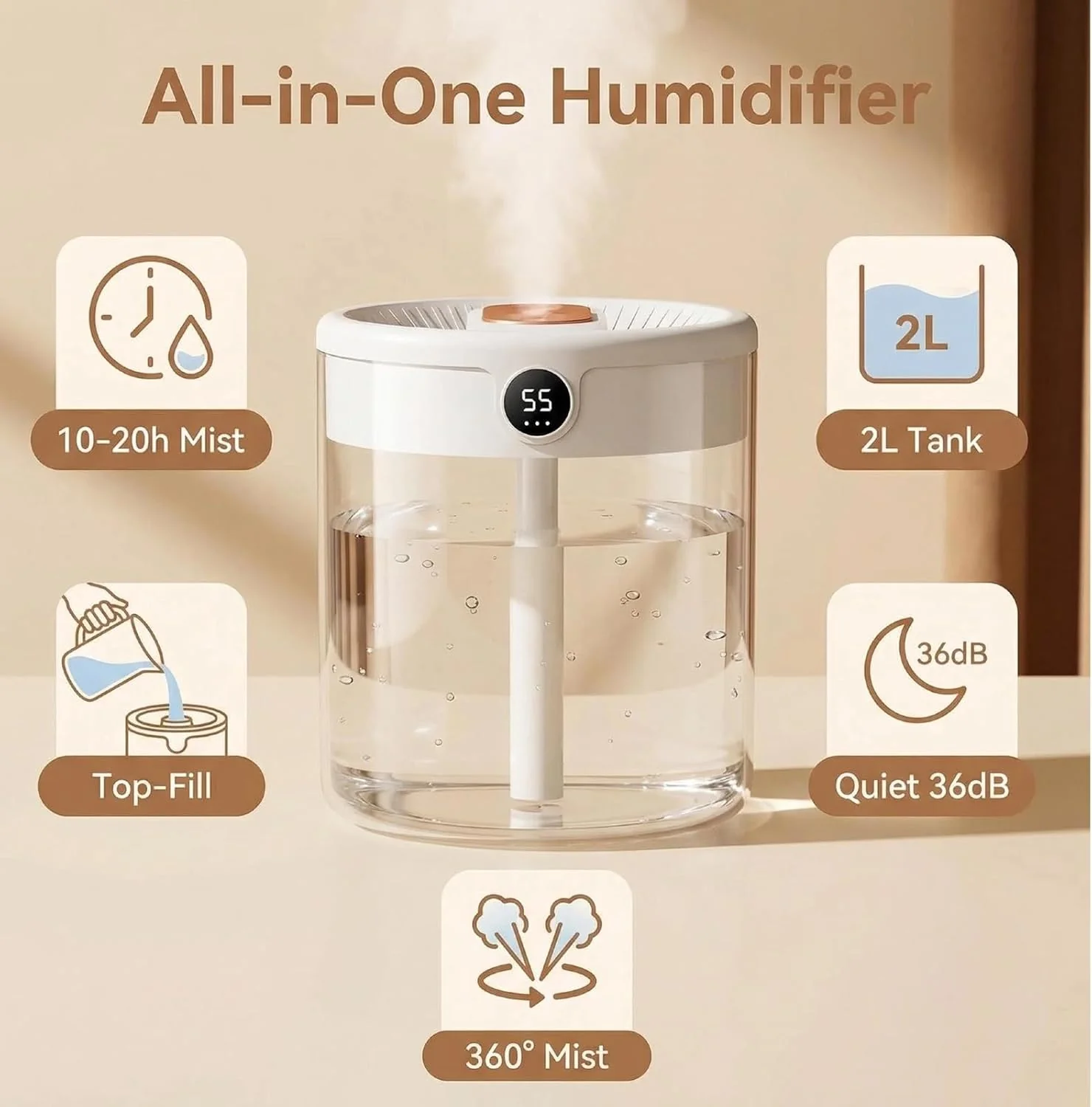 krovxom 2L Cool Mist Humidifier with Humidity Display and Night Light White DEMO - Image 2