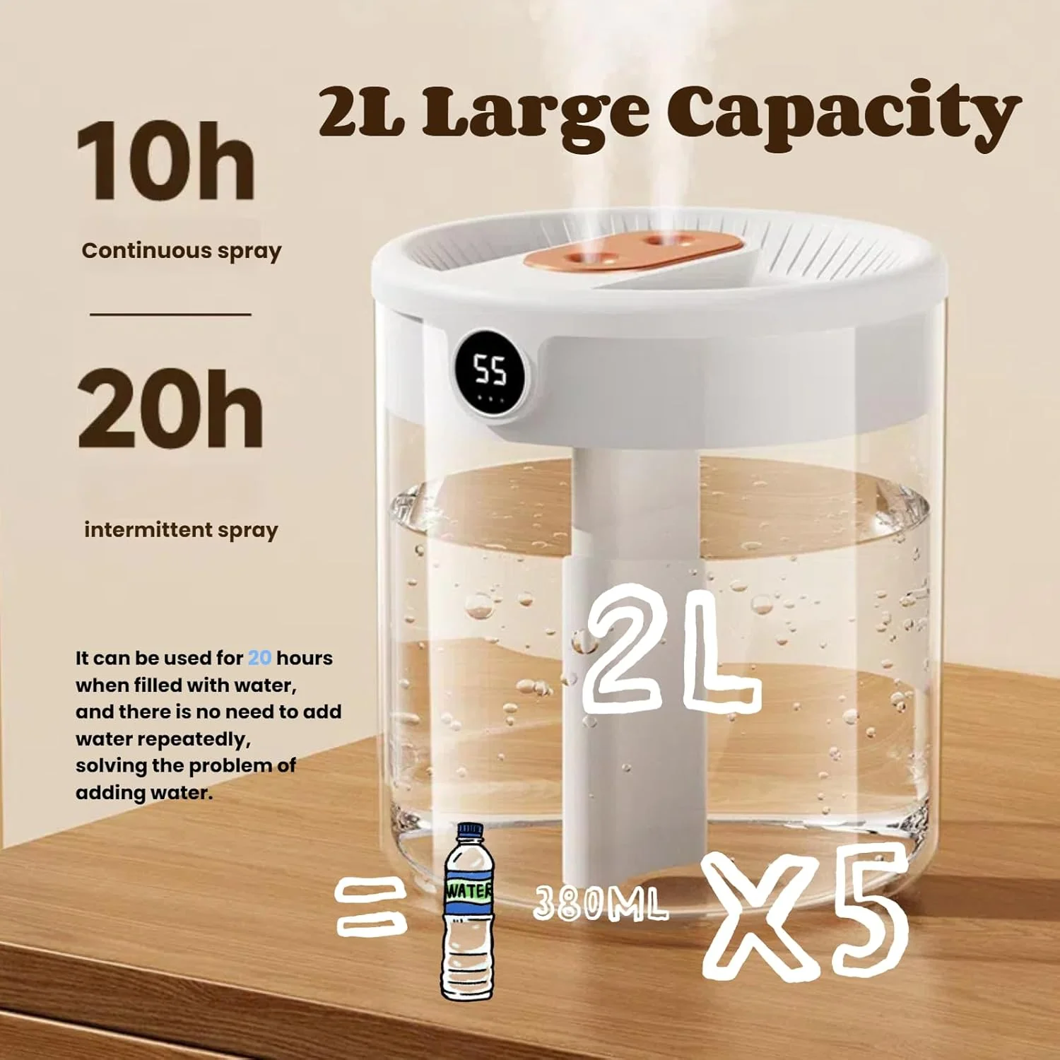 krovxom 2L Cool Mist Humidifier with Humidity Display and Night Light White DEMO - Image 3