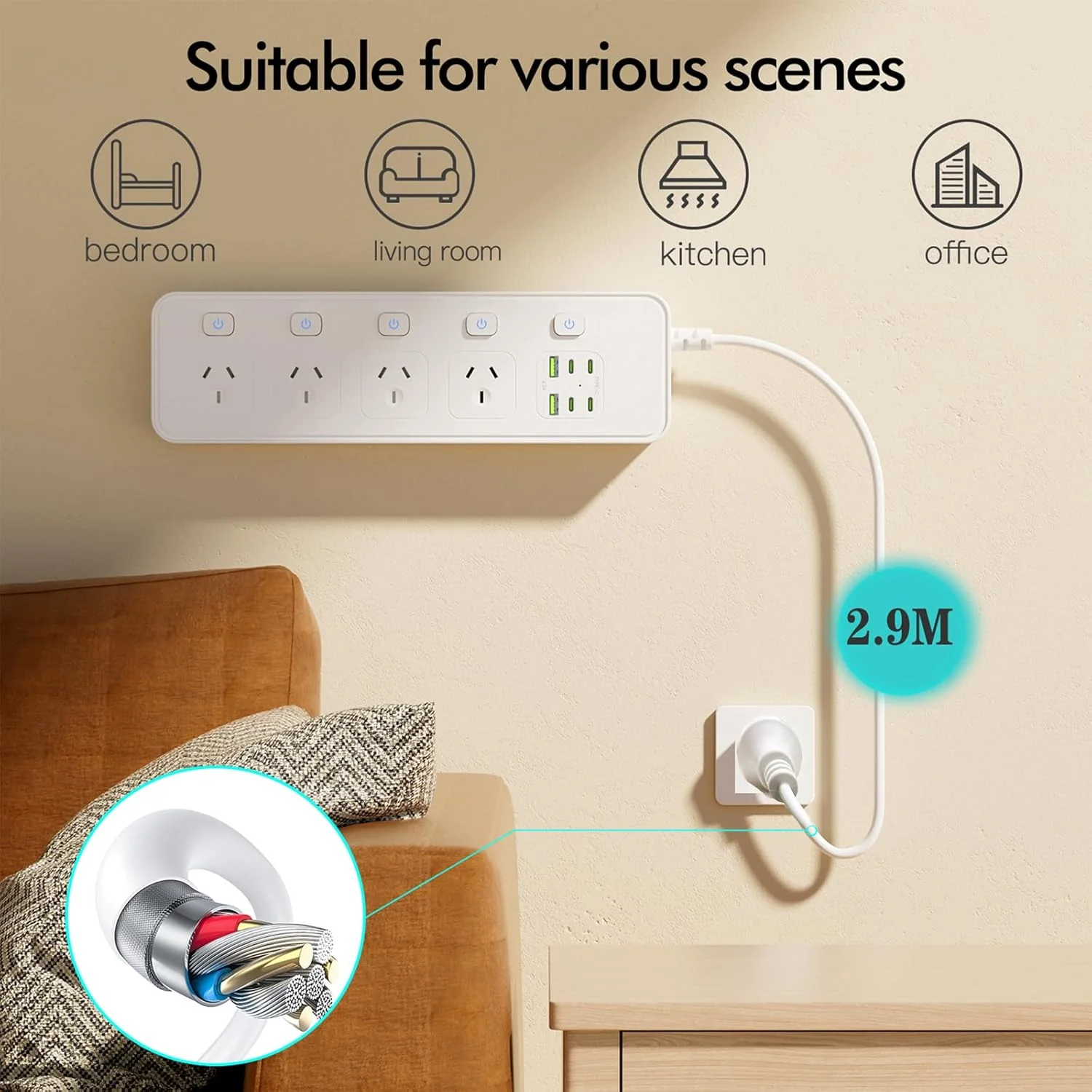 NULOUMA 10-in-1 Power Strip with 4 AC Outlets, Surge Protector, White DEMO - Image 5