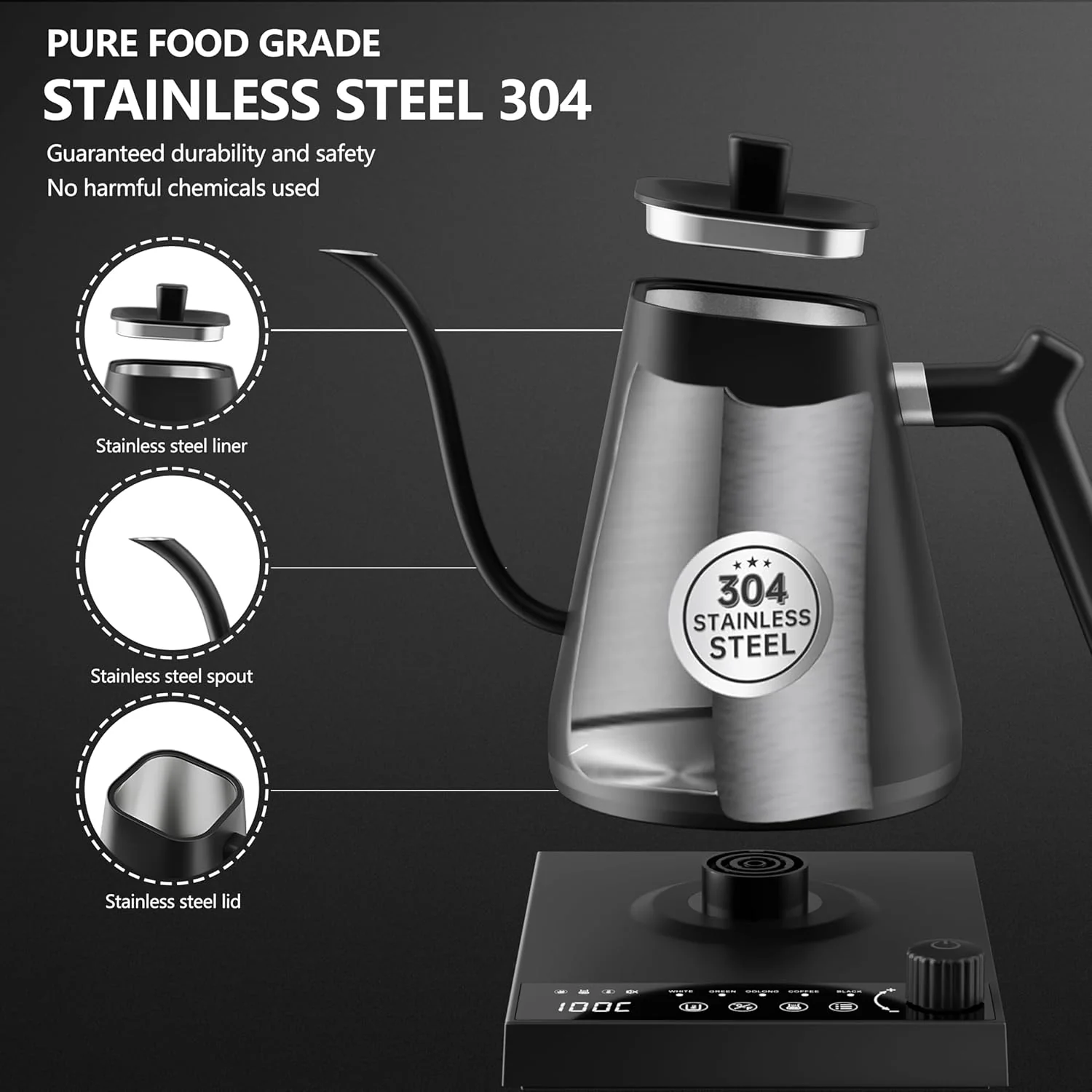 Gooseneck Electric Pour-Over Kettle Stainless Steel Variable Temperature DEMO - Image 5