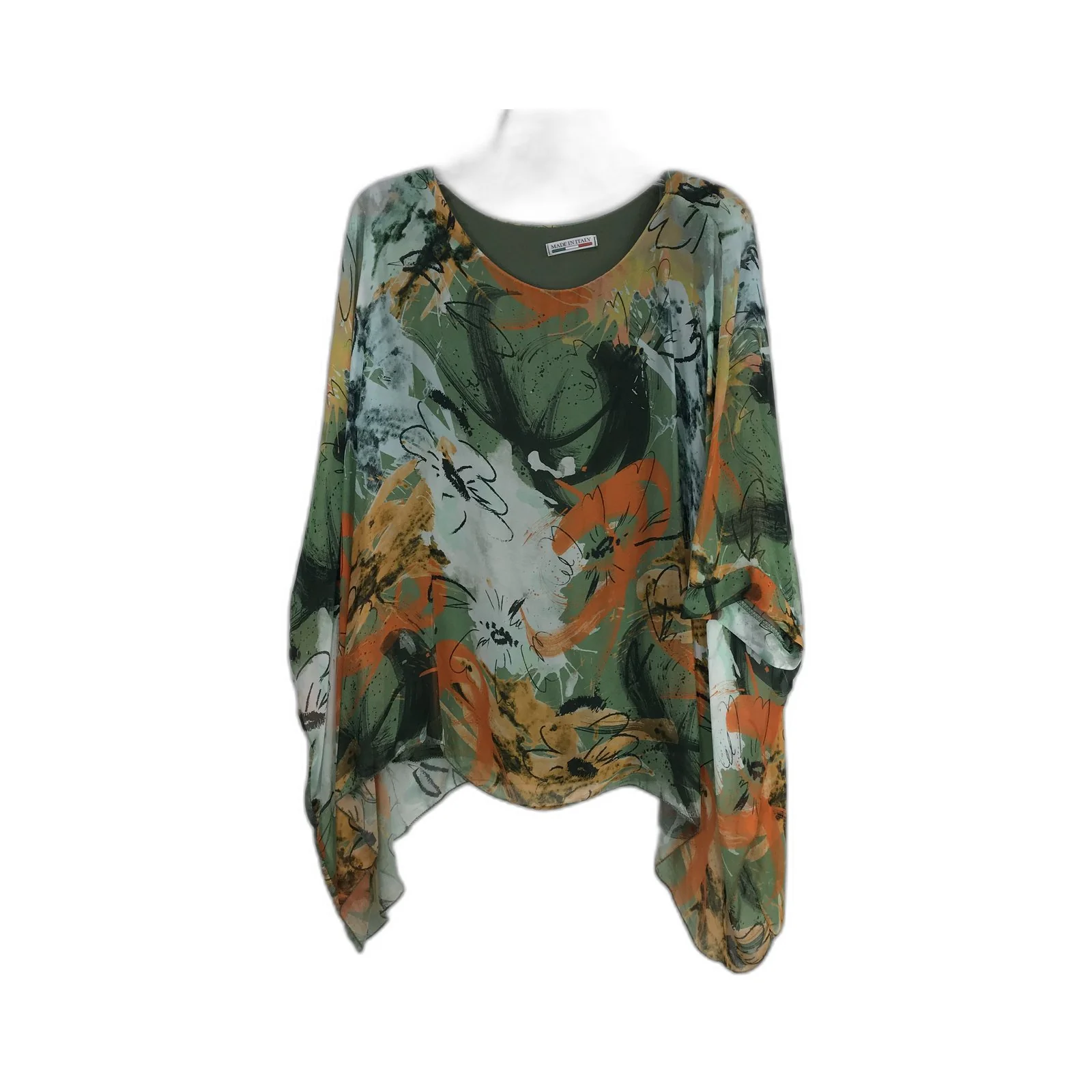 Floral Print Sheer Silk Blouse Green Orange Made In Italy Tank Top Underlay Size M - Image 3