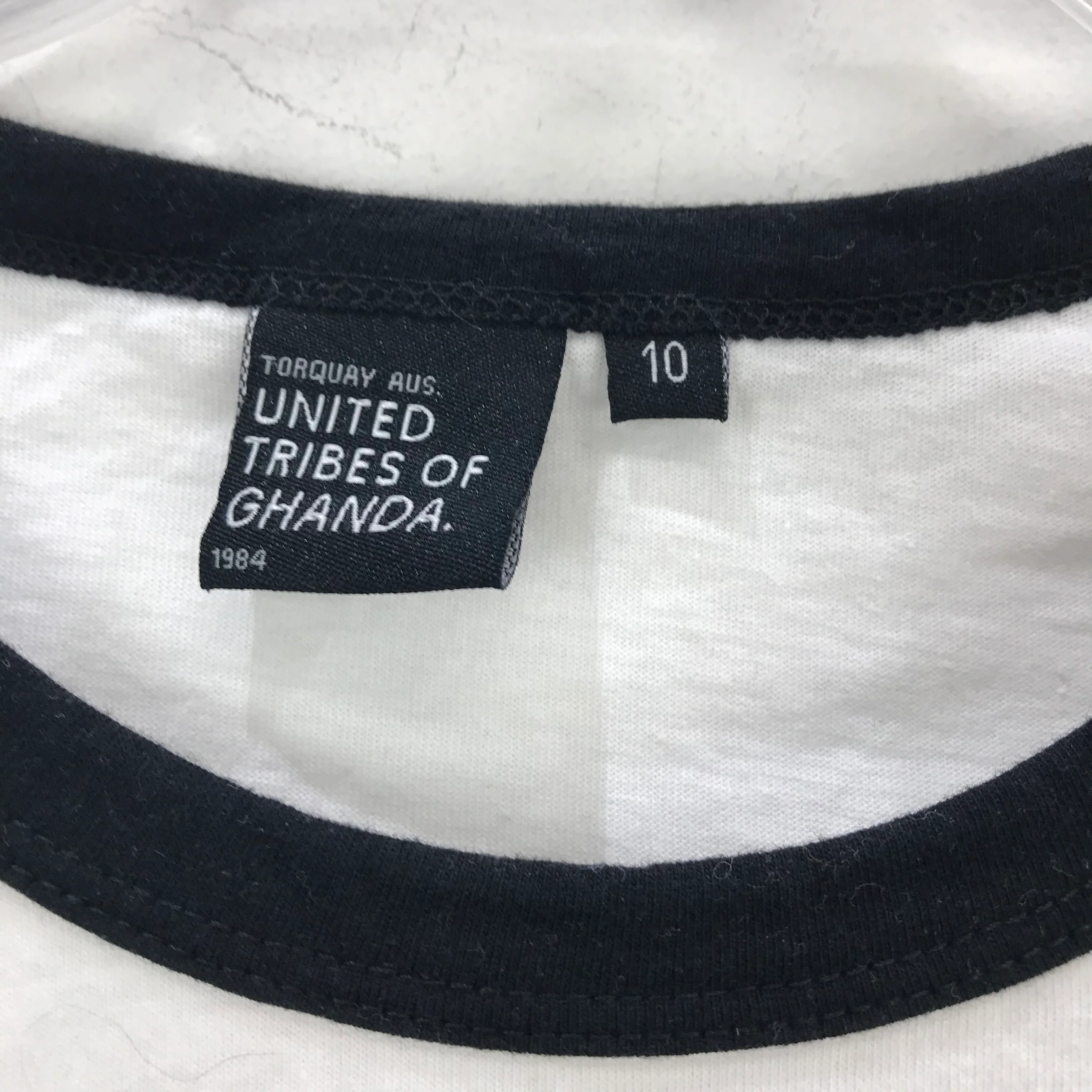 United Tribes of Ghanda Graphic T-Shirt White with Black Trim Cotton Size 10 - Image 4