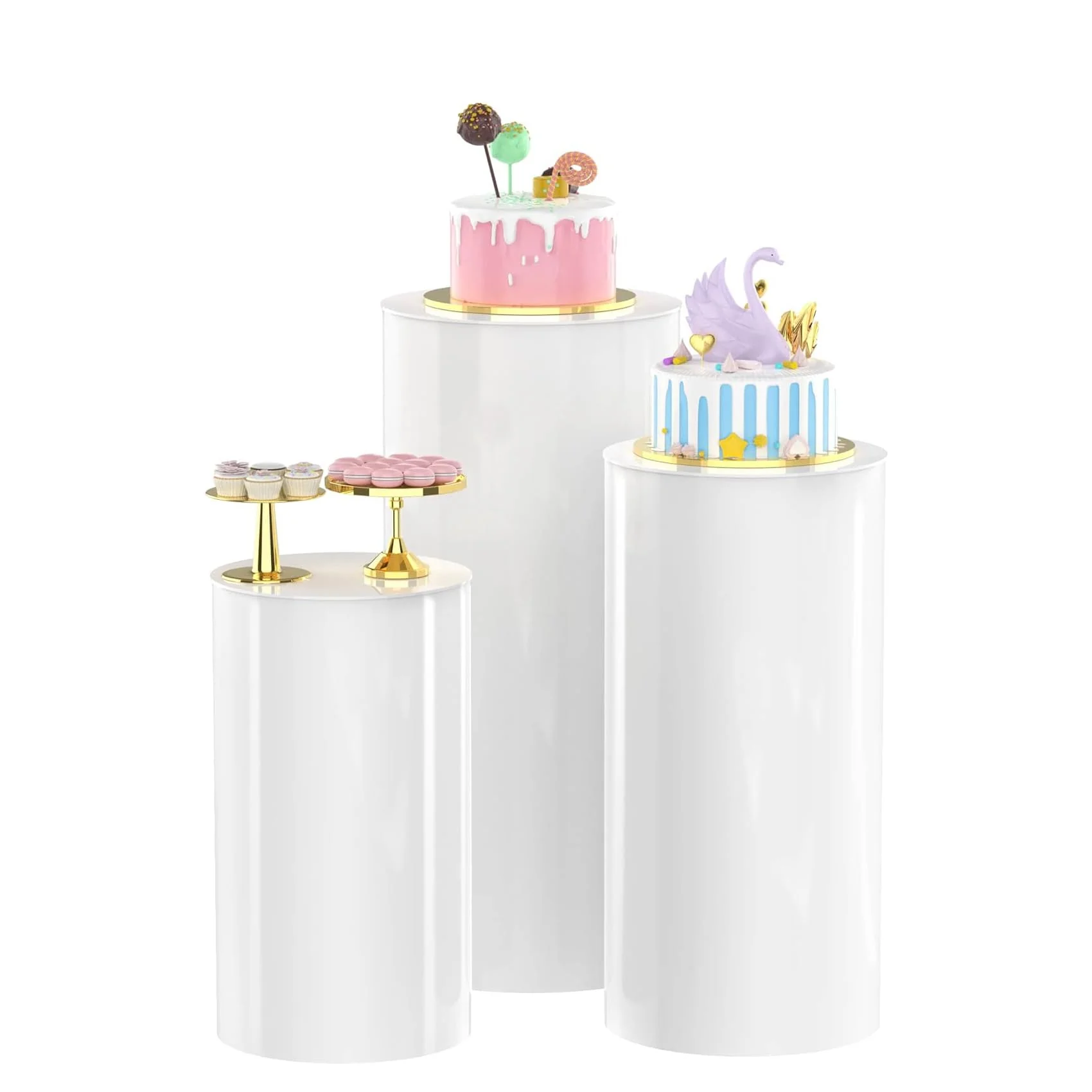 MANYUK 3Pcs White Cylinder Pedestal Stands Round Display Plinth for Cake DEMO