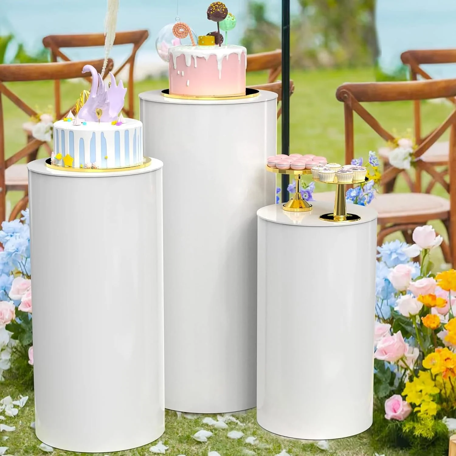 MANYUK 3Pcs White Cylinder Pedestal Stands Round Display Plinth for Cake DEMO - Image 7