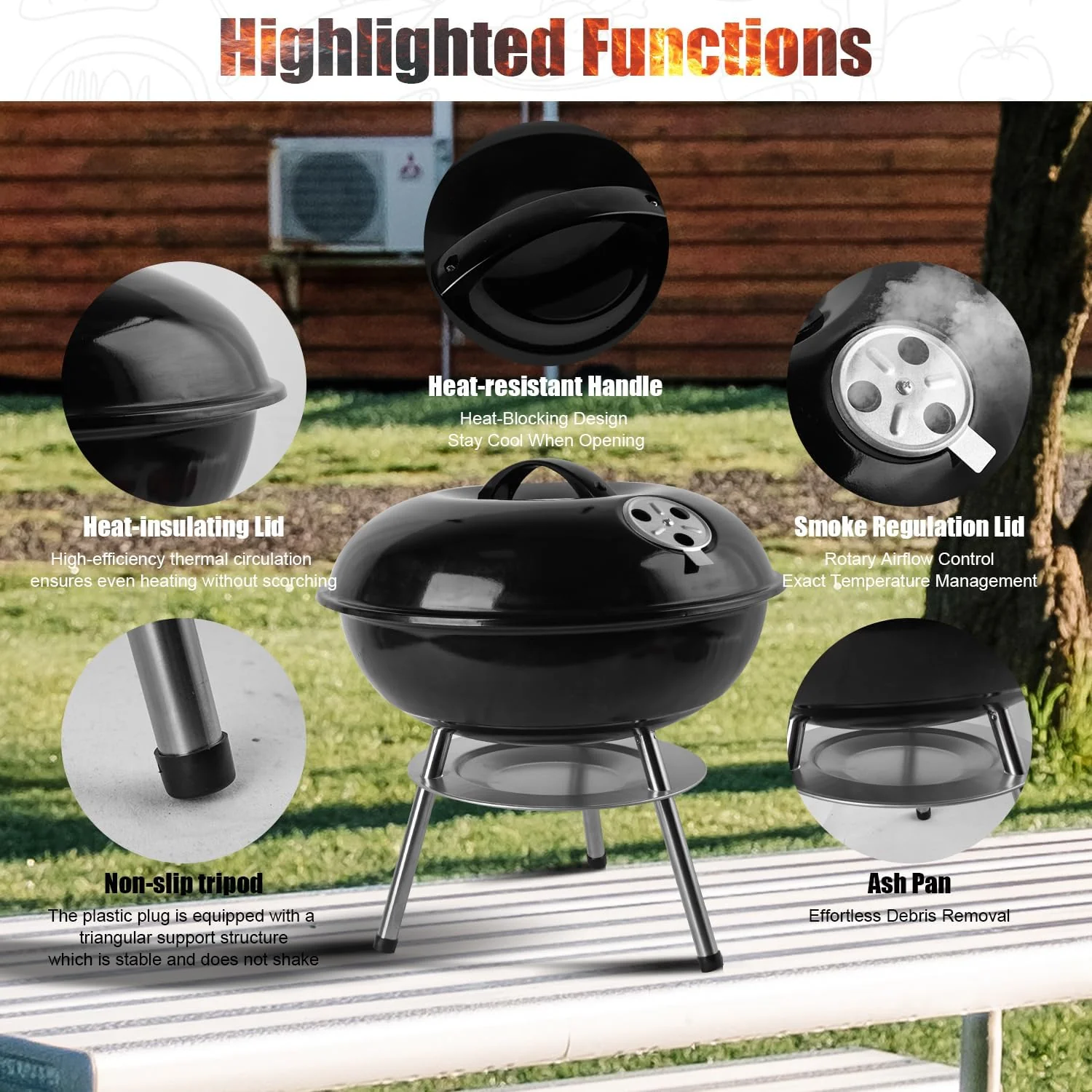 guogiyala 14 Home Improvement Inch Portable Outdoor Grill with 3-Point NEW - Image 2
